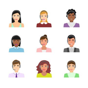 Set of call center workers avatars in modern clothes