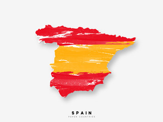 Spain detailed map with flag of country. Painted in watercolor paint colors in the national flag