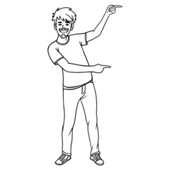 young man pointing with both fingers on something. outline illustration, vector, comic.