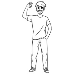 outline illustration of a boy raising his hand in greeting. vector, doodle, outline, character.