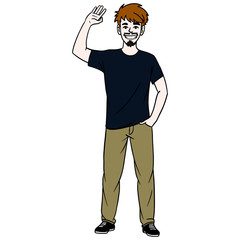 young man who raises his hand in greeting and has a hand in trousers. blue tshirt and brown pants with cool shoes.