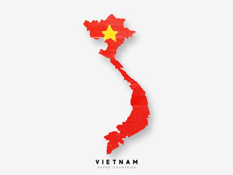 Vietnam detailed map with flag of country. Painted in watercolor paint colors in the national flag