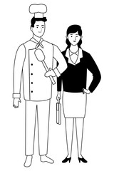 Professionals workers couple smiling cartoons in black and white