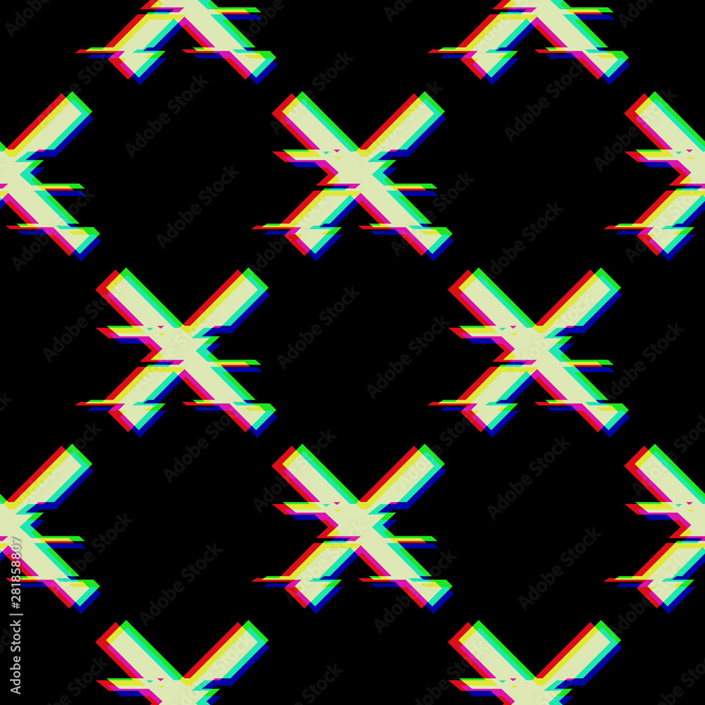 Poster vector seamless pattern with symbol of cross in glitch style. geometric glitched icon isolated on bl