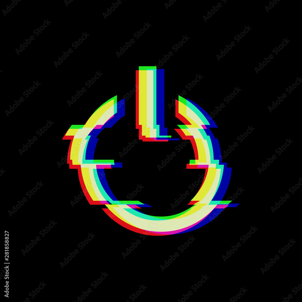 Poster vector symbol of button power in glitch style. geometric glitched start icon isolated on black backg
