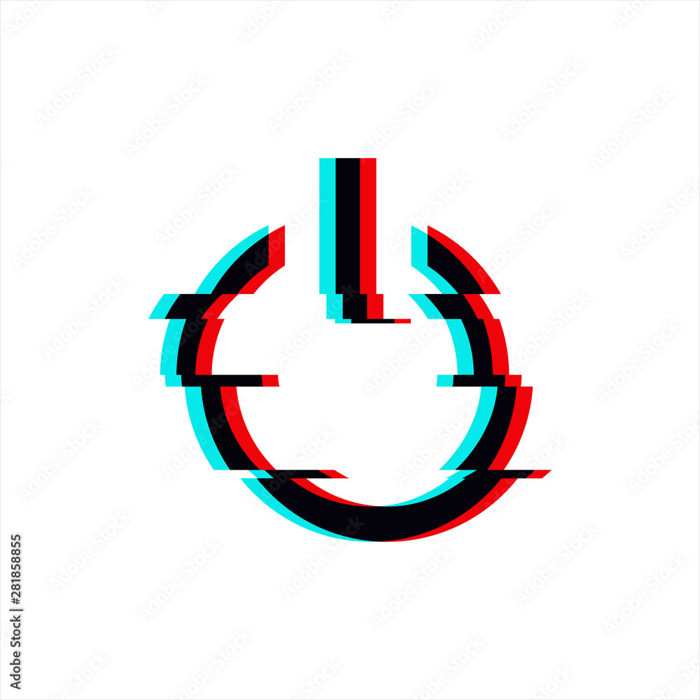 Poster vector symbol of button power in glitch style. geometric glitched start icon isolated on white backg