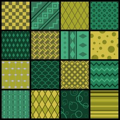 Patchwork from geometric patterns in green and yellow colors.