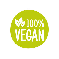 100 vegan vector logo. Round eco green logo. Vegan food sign with leaves. tag for cafe restaurants packagingdesign