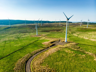 Aerial view of wind turbines generating power, located in Connemara region, County Galway, Ireland