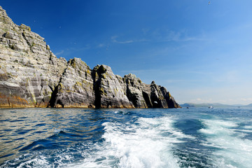 Little Skellig Island, home to many various seabirds and the second largest gannets colony in the world, County Kerry, Ireland. Tourist attractions on Irish Ring of Kerry route.