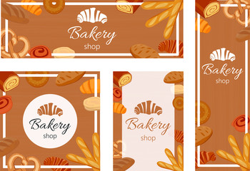 Set of vector bakery banners and cards, cartoon style elements, design for pastry shop.