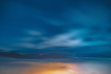 京都　亀岡　雲海　星空　露光撮影　写真素材　星