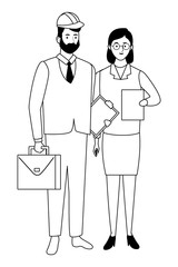 Professionals workers couple smiling cartoons in black and white