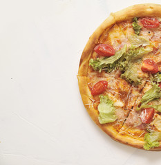 Delicious pizza on light background.