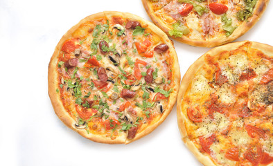 Delicious pizza on light background.