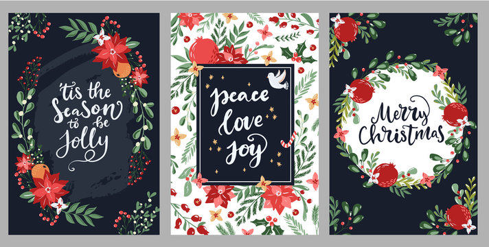 Set of hand drawn Merry Christmas greeting cards with hand lettering typography words and floral branches and flowers. Modern scandinavian style in traditional colors