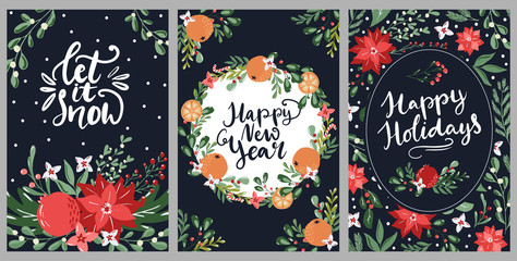 Set of hand drawn Merry Christmas greeting cards with hand lettering typography words and floral branches and flowers. Modern scandinavian style in traditional colors © saltoli