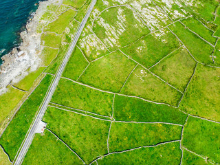Aerial view of Inishmore or Inis Mor, the largest of the Aran Islands in Galway Bay, Ireland....