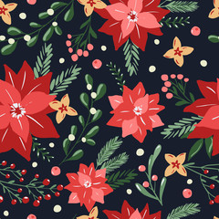 Seamless pattern with hand drawn poinsettia flowers and floral branches and berries, mistletoe, christmas florals. Repeating background for wrapping paper, fabric, stationary products decoration.