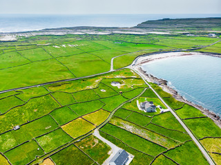 Aerial view of Inishmore or Inis Mor, the largest of the Aran Islands in Galway Bay, Ireland....