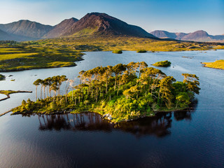 Twelve Pines Island, standing on a gorgeous background formed by the sharp peaks of a mountain...