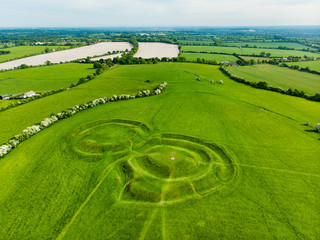 Aerial view of the Hill of Tara, an archaeological complex, containing a number of ancient monuments used as the seat of the High King of Ireland, County Meath, Ireland - obrazy, fototapety, plakaty