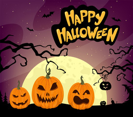 Happy Halloween background. Pumpkin   with a moon, scary trees and handwritten text. Vector illustration in cartoon style.