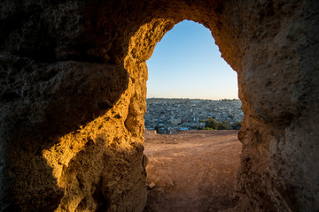View of old Fez through old castle entrance