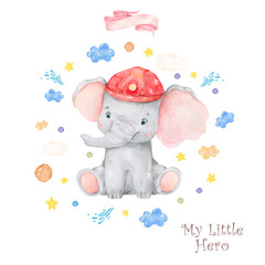 Cute baby safari animal elephant beautiful floral flowers wreath, frame, bouquet Watercolor hand drawn illustration on white background. Isolated cute animal. Rescue Team Baby cartoon invite card