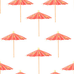 Fototapeta na wymiar Hand drawn cartoon pattern with cute retro beach umbrellas. Watercolor illustration on white background