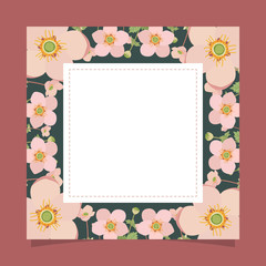 Floral greeting card and invitation template for wedding or birthday, Vector square shape of text box label and frame, Pink botanical flowers wreath ivy style with branch and leaves.