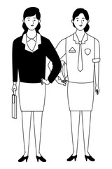 Professionals workers couple smiling cartoons in black and white
