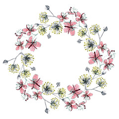 Fototapeta na wymiar Pointelism wreath of linden and fireweed flowers using markers