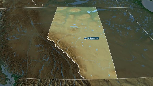 Alberta - province of Canada with its capital zoomed on the physical map of the globe. Animation 3D