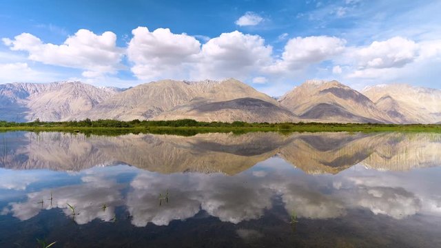 Time lapse of Lake reflects mountains in Diskit, Ladakh, India