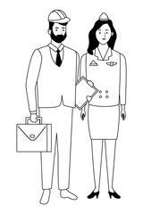 Professionals workers couple smiling cartoons in black and white