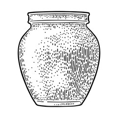 Clay jar for jam or honey. Vector vintage black engraving