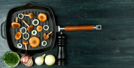 Fresh mushrooms with spices and herbs on black board. View from above. Copy space.