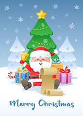 Merry Christmas. Greeting card with funny Santa Claus. Flat design without transparency. Vector illustration.