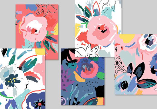 Card Layout Set with Abstract Flower Illustrations
