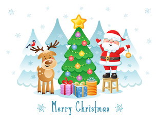 Merry Christmas. Greeting card with funny Santa Claus, Deer and Bullfinch. Vector illustration without transparency.