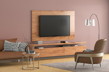 TV on the wall of modern living room