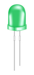Vector realistic 3d green light and bright emitting diode or small LED light bulb isolated on a white background. Semiconductor diode – electrical component.