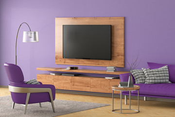 TV on the wall of modern living room