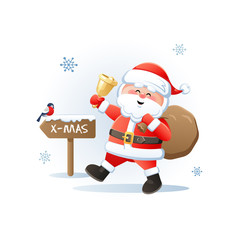 Merry Santa Claus with golden bell and Bullfinch. Cute Christmas cartoon character. Vector illustration without transparent objects.
