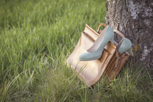 Business Tasche und Pumps Schuhe in der Natur wecken Reiselust. Die Szene symbolisiert sowohl die Lust auf Abenteuer und Spontaneit&auml;t als auch die Sehnsucht auf Ruhe und Erholung