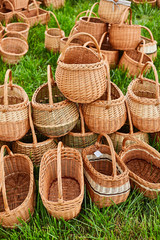 Collection of brown handmade rattan baskets for harvesting