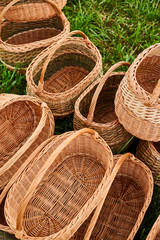 Collection of brown handmade rattan baskets for harvesting