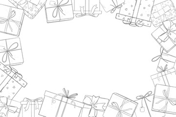 Frame with gift boxes. Vector illustration in sketch style. Silhouettes on a white background. Place for your text. Template. Mock up. Horizontally.
