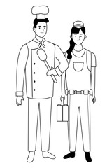 Professionals workers couple smiling cartoons in black and white